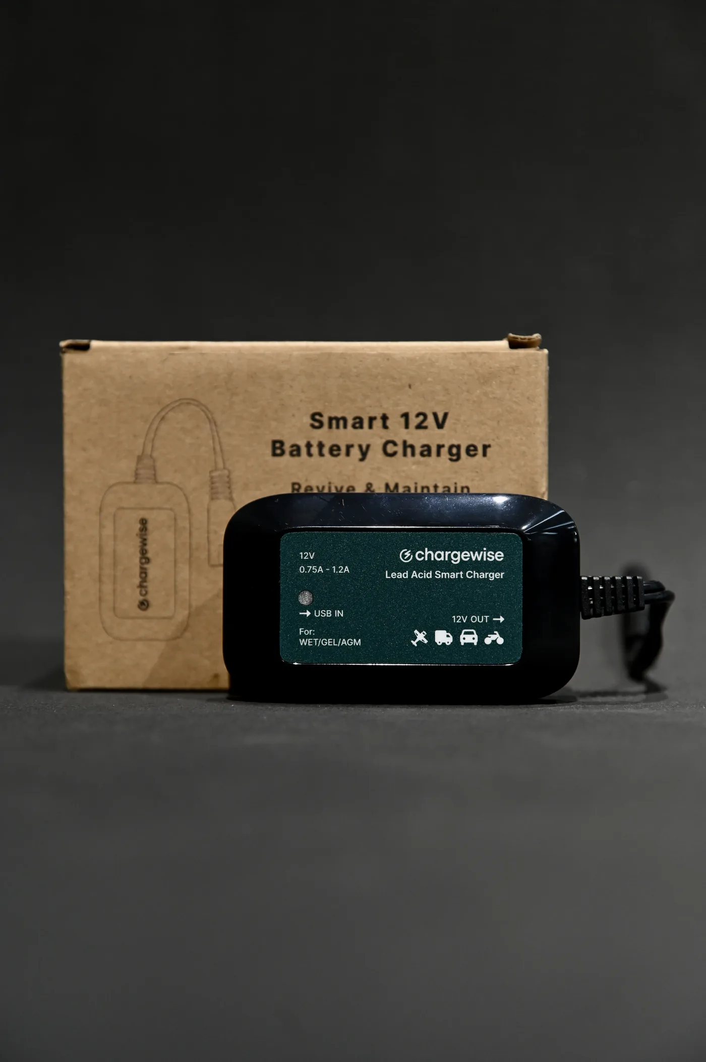 Chargewise Lead Acid Smart Charger with green label, in front of its kraft box