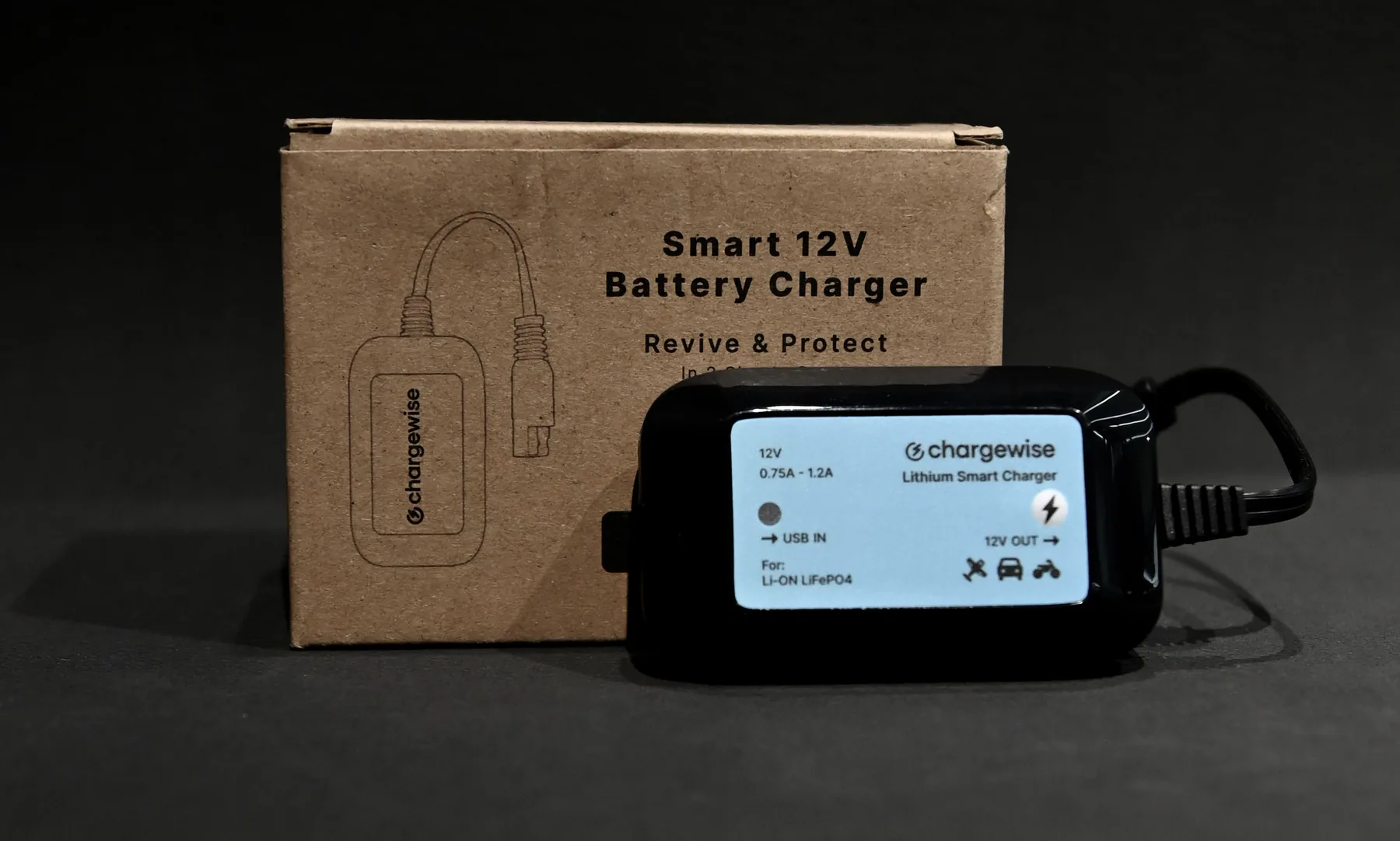 Lithium Smart Charger with its blue label, next to its box